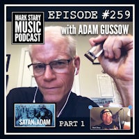a man holding a microphone with the words music with adam gussow